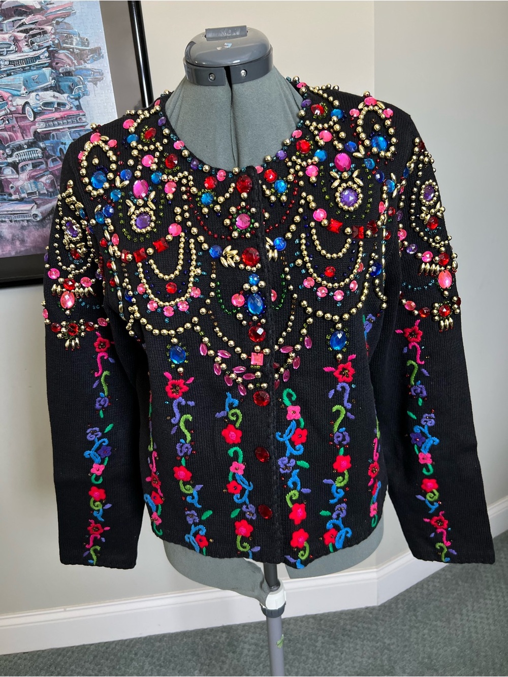 Michael Simon M L Embroidered Beaded Sweater Cardigan